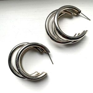 Hollow Triple Hoop Silver Tone Earrings Tri Hoop Earrings